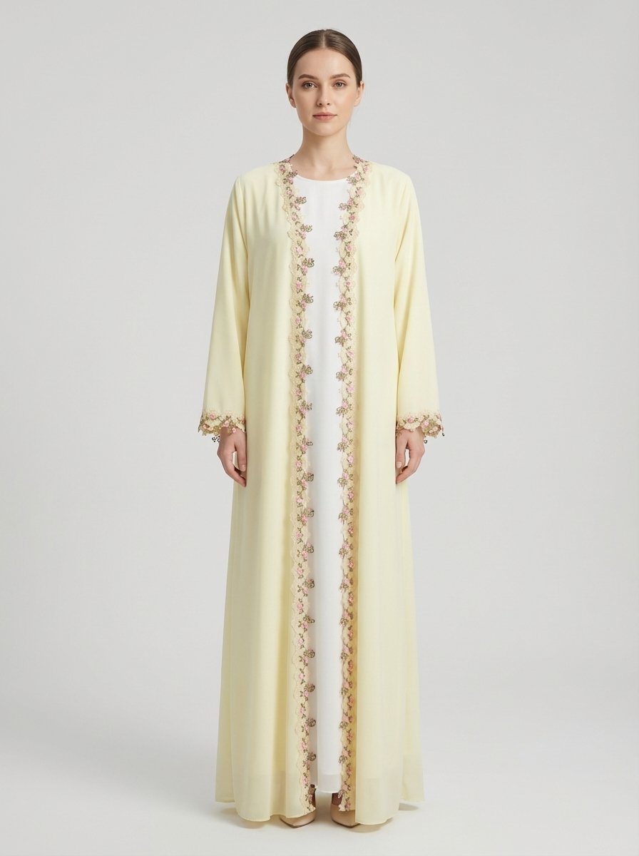 Pale Yellow Floral Lace Trim Open Front Abaya
