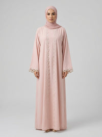 Blush Pink Scalloped Lace Trim Open Front Abaya