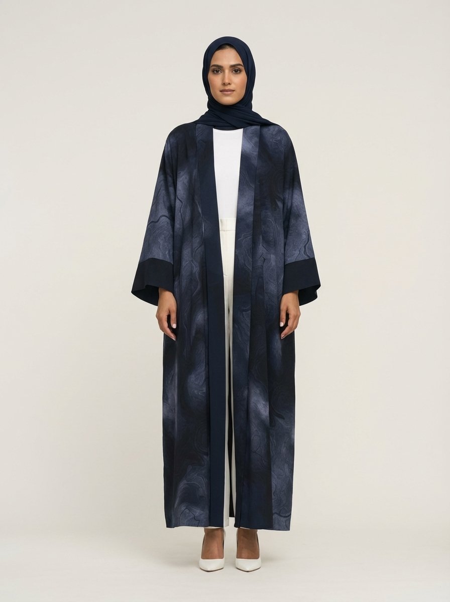 Navy Blue Abstract Print Open Front Abaya