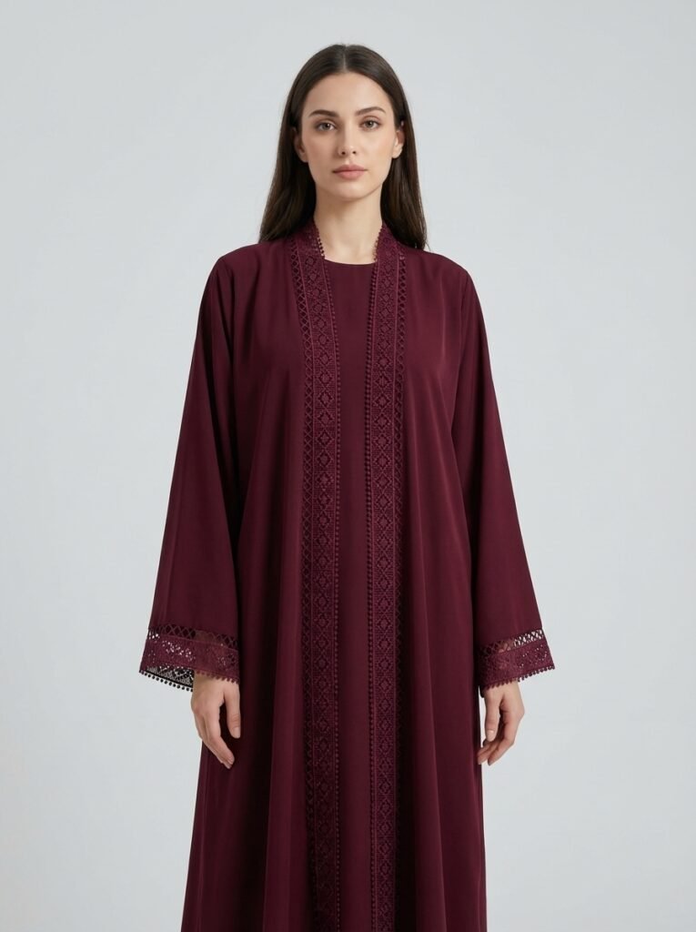 Burgundy Geometric Lace Trim Open Front Abaya
