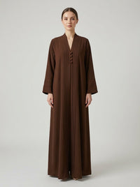 Chocolate Brown Pleated Front Abaya with Button Details