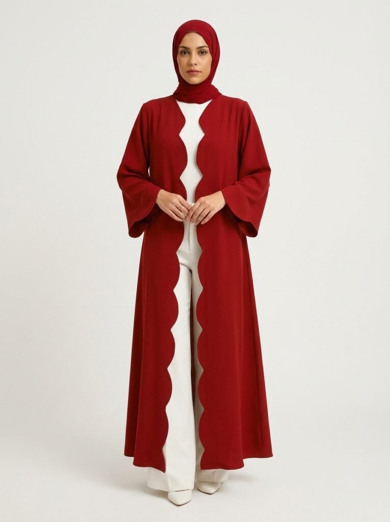 Deep Red Scalloped Edge Open Front Abaya