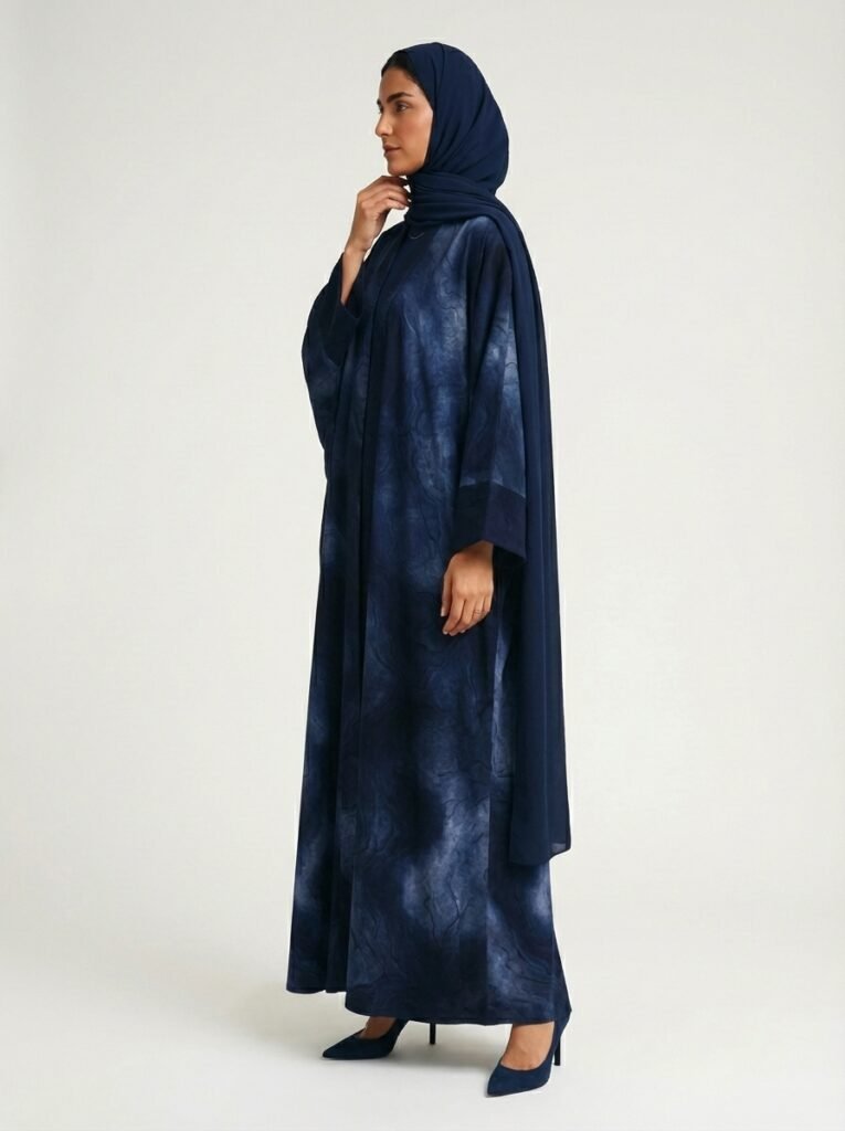 Navy Blue Abstract Marble Print Open Abaya