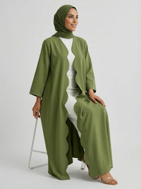 Olive Green Scalloped Edge Open Front Abaya