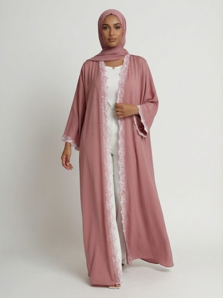 Dusty Pink Lace Trim Open Front Abaya