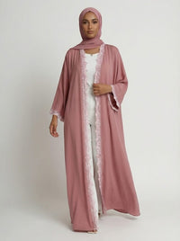 Dusty Pink Lace Trim Open Front Abaya