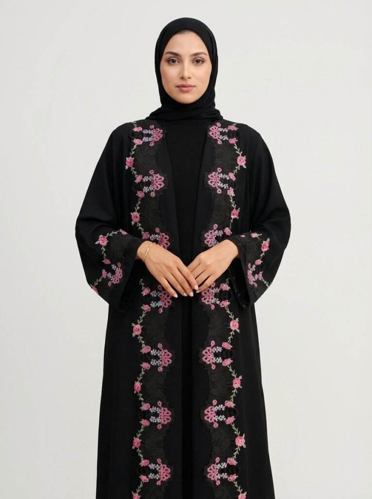 Black Floral Embroidered Open Front Abaya