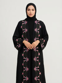 Black Floral Embroidered Open Front Abaya