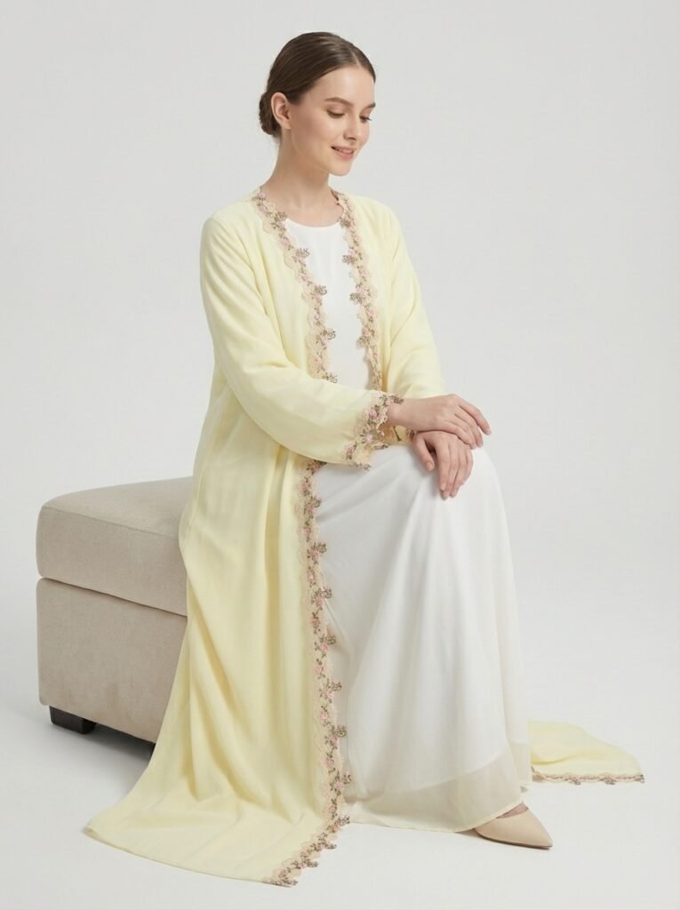 Pale Yellow Floral Lace Trim Open Front Abaya