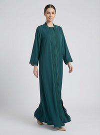 Teal Wavy Crochet Trim Open Front Abaya