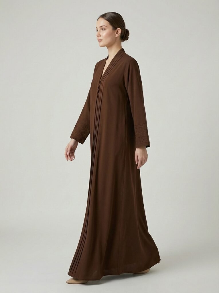 Chocolate Brown Pleated Front Abaya with Button Details