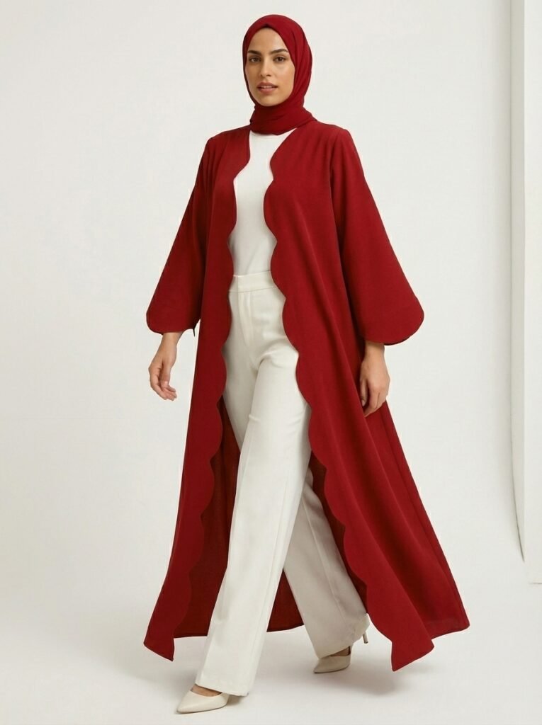 Deep Red Scalloped Edge Open Front Abaya