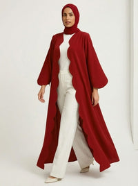 Deep Red Scalloped Edge Open Front Abaya