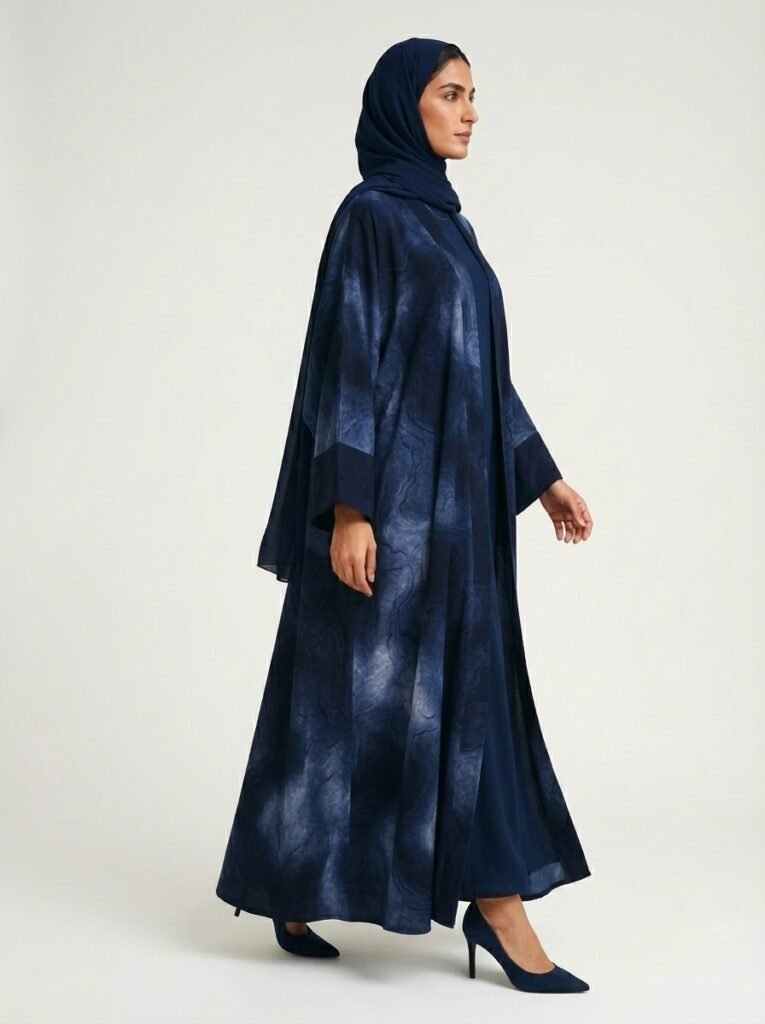 Navy Blue Abstract Marble Print Open Abaya