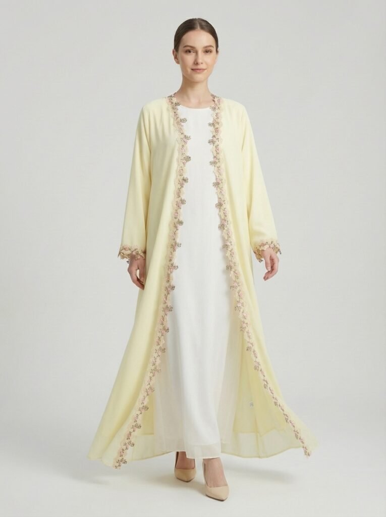 Pale Yellow Floral Lace Trim Open Front Abaya
