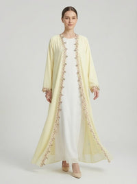 Pale Yellow Floral Lace Trim Open Front Abaya