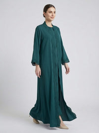 Teal Wavy Crochet Trim Open Front Abaya