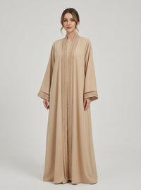 Beige Geometric Lace Trim Open Front Abaya