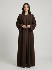 Dark Brown Geometric Lace Trim Open Front Abaya