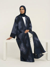 Navy Blue Abstract Print Open Front Abaya