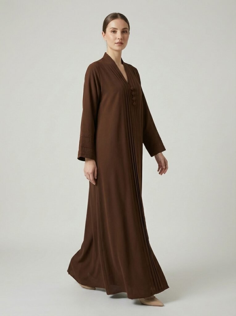 Chocolate Brown Pleated Front Abaya with Button Details