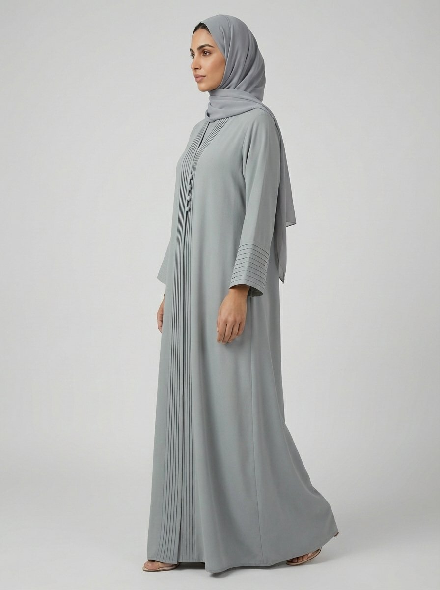 Light Gray Pleated Front Abaya with Button Details