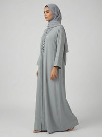 Light Gray Pleated Front Abaya with Button Details
