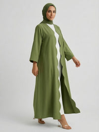 Olive Green Scalloped Edge Open Front Abaya