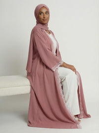 Dusty Pink Lace Trim Open Front Abaya