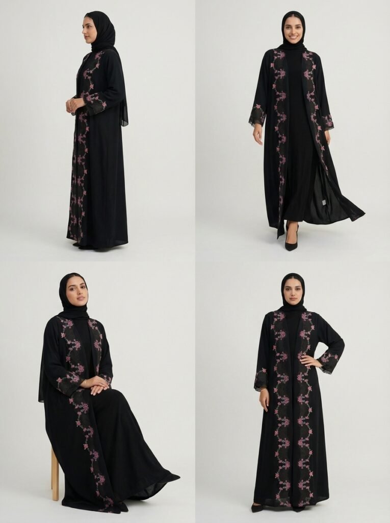 Black Floral Embroidered Open Front Abaya