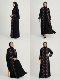 Black Floral Embroidered Open Front Abaya
