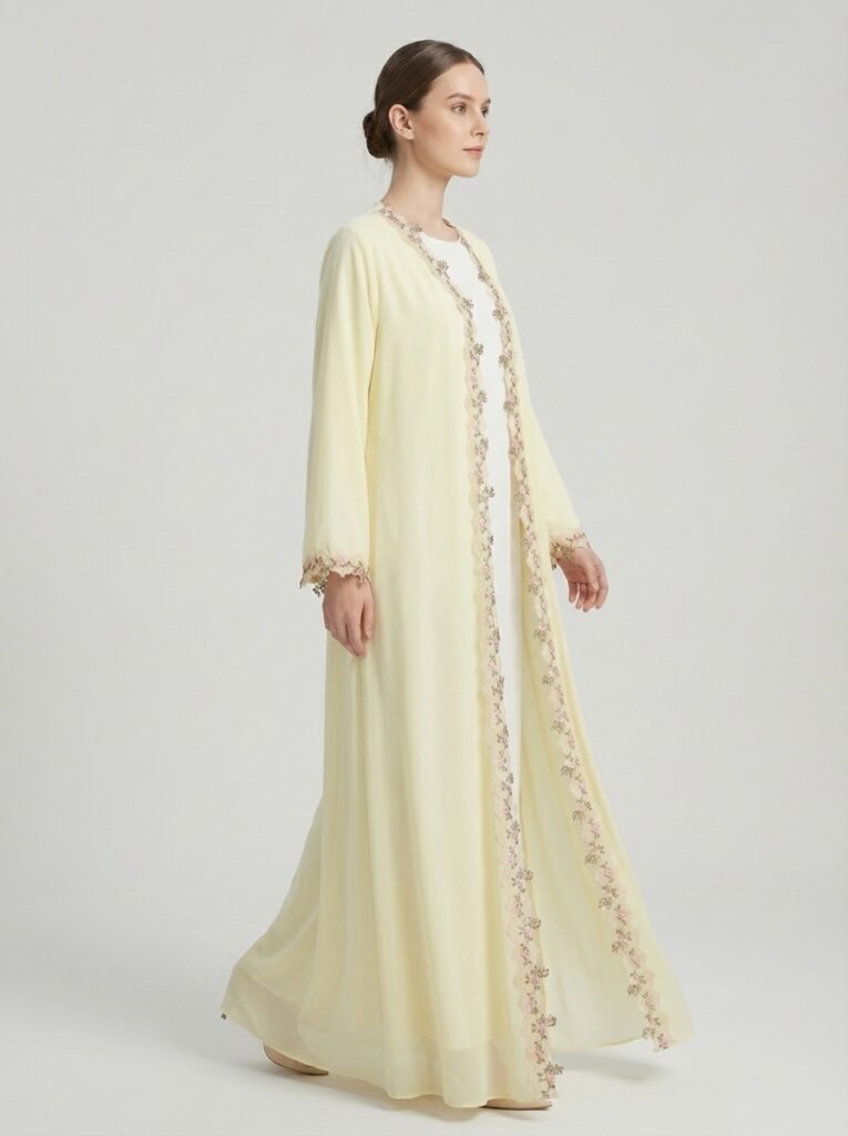 Pale Yellow Floral Lace Trim Open Front Abaya