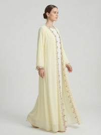 Pale Yellow Floral Lace Trim Open Front Abaya