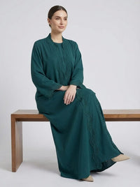 Teal Wavy Crochet Trim Open Front Abaya