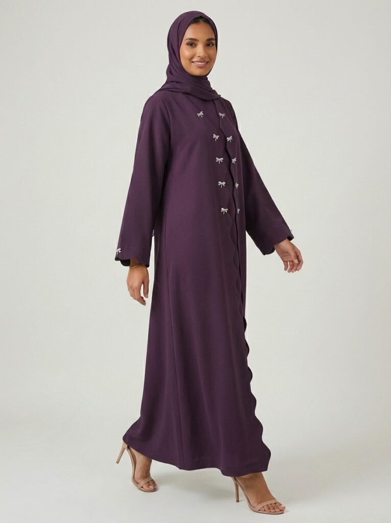 Deep Purple Scalloped Edge Open Front Abaya with Bow Accents
