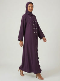 Deep Purple Scalloped Edge Open Front Abaya with Bow Accents