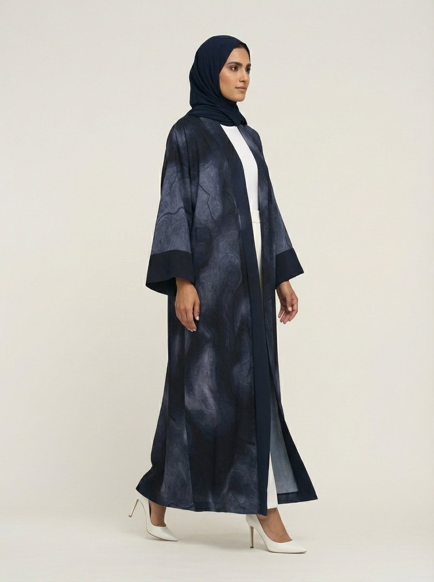 Navy Blue Abstract Print Open Front Abaya