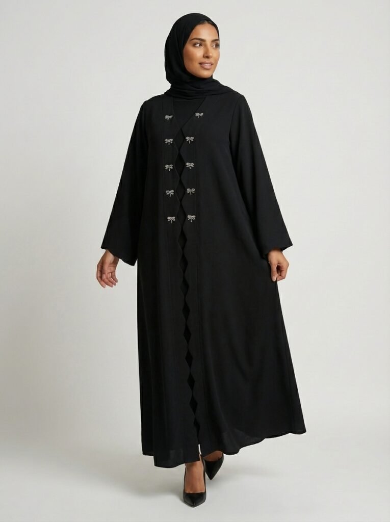 Classic Black Scalloped Edge Abaya with Bow Accents