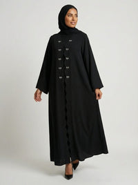Classic Black Scalloped Edge Abaya with Bow Accents