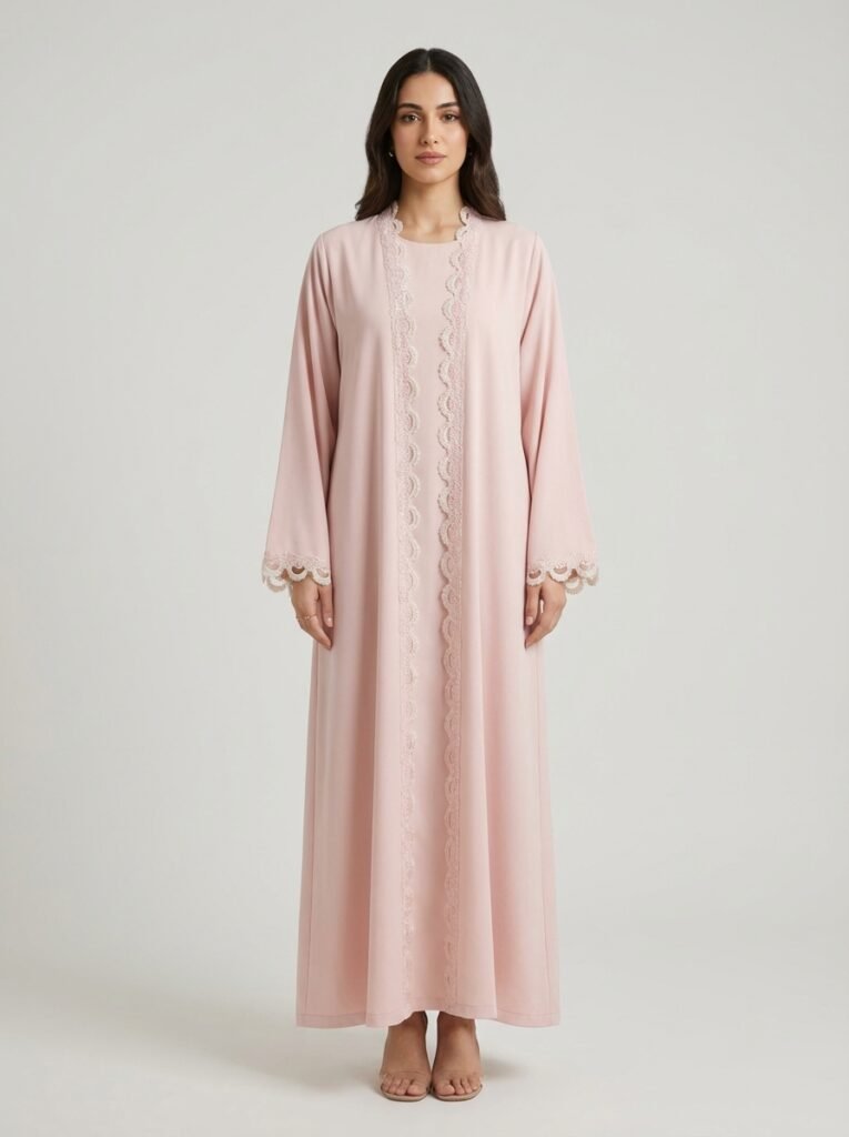 Blush Pink Scalloped Lace Trim Open Front Abaya