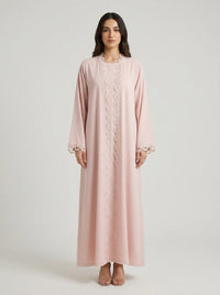 Blush Pink Scalloped Lace Trim Open Front Abaya
