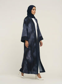 Navy Blue Abstract Print Open Front Abaya