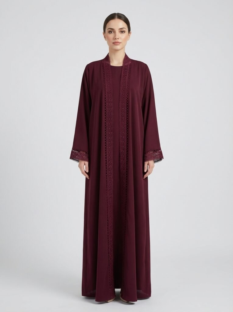 Burgundy Geometric Lace Trim Open Front Abaya