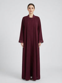Burgundy Geometric Lace Trim Open Front Abaya