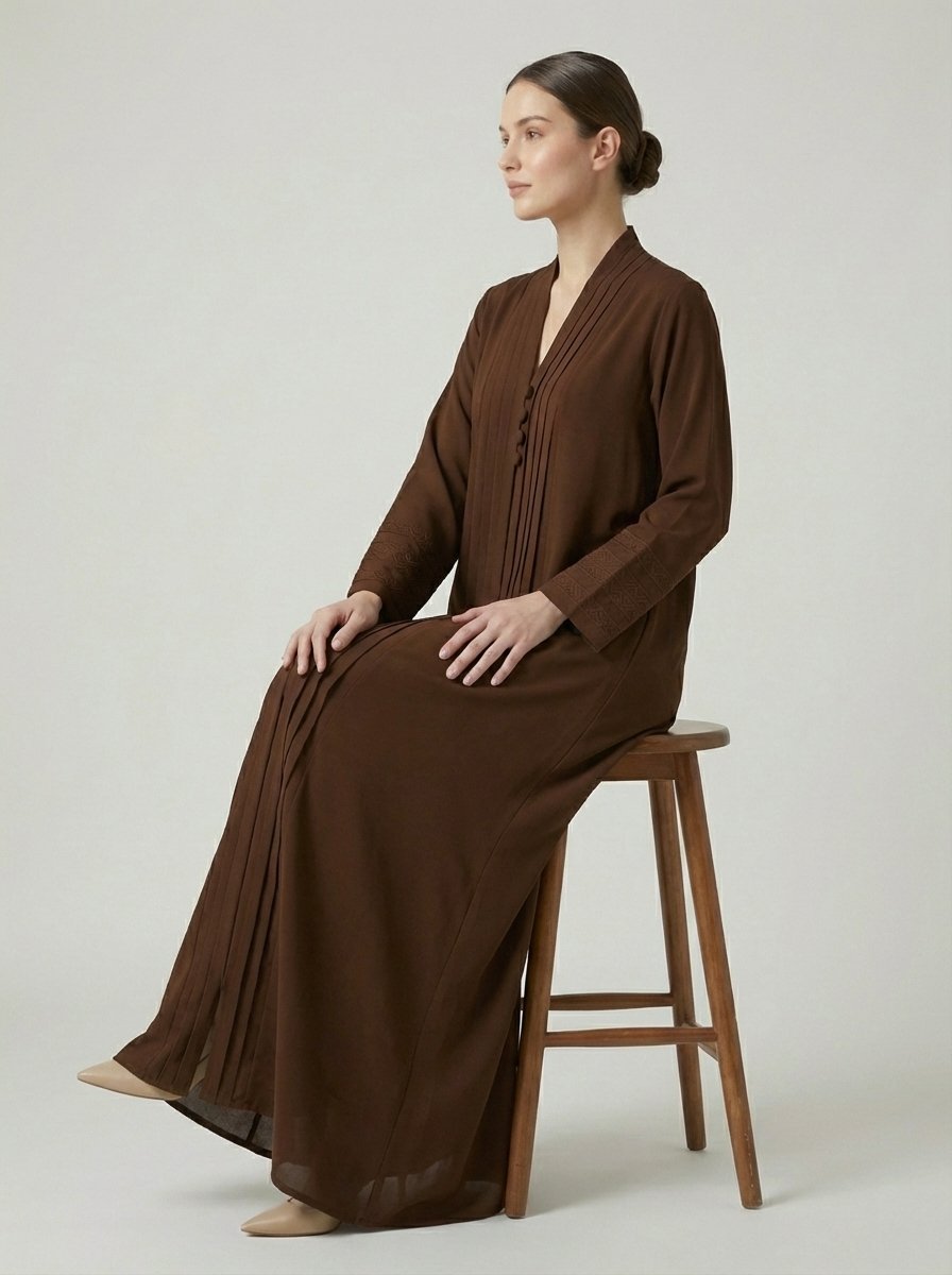 Chocolate Brown Pleated Front Abaya with Button Details
