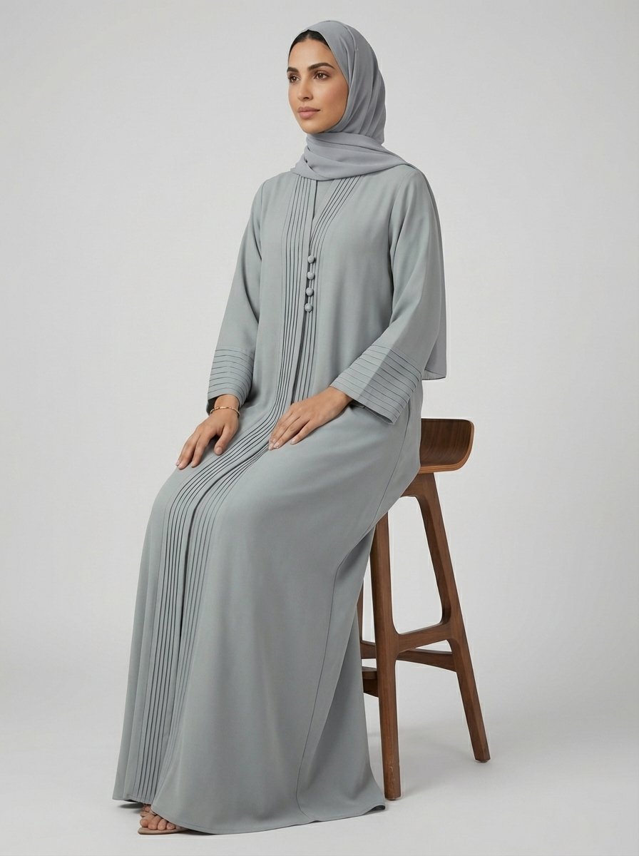 Light Gray Pleated Front Abaya with Button Details
