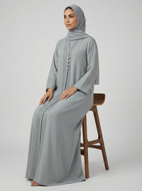 Light Gray Pleated Front Abaya with Button Details