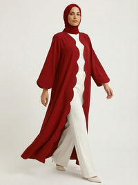Deep Red Scalloped Edge Open Front Abaya