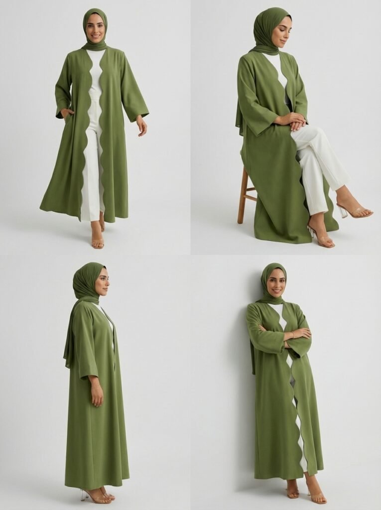 Olive Green Scalloped Edge Open Front Abaya