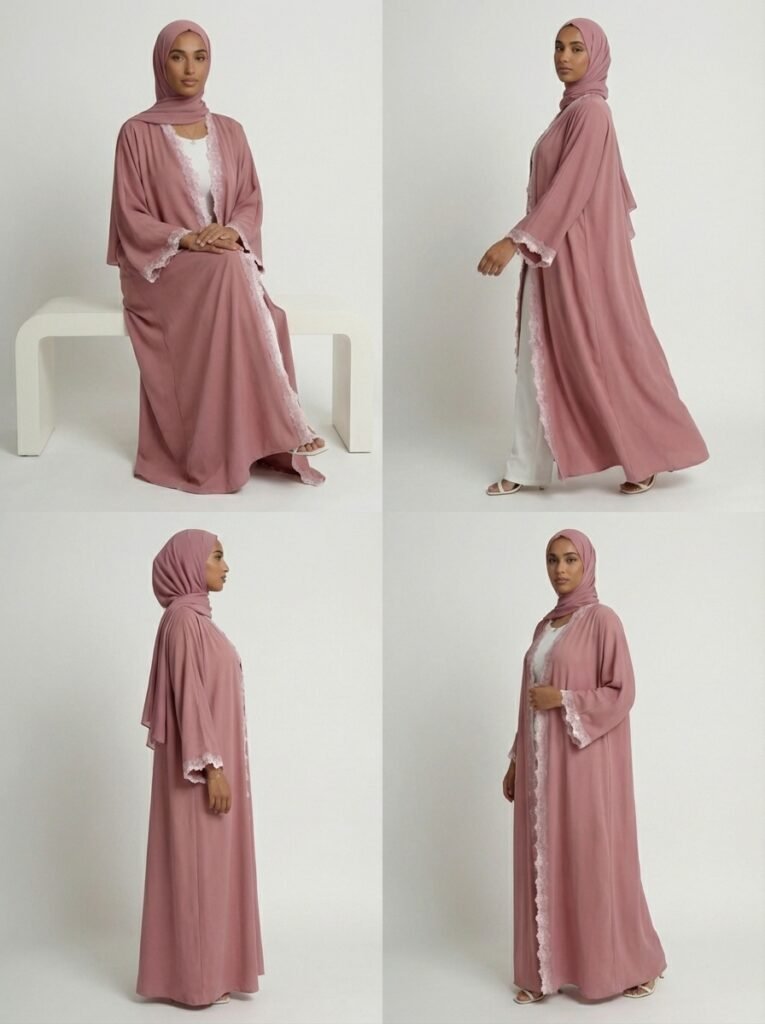 Dusty Pink Lace Trim Open Front Abaya